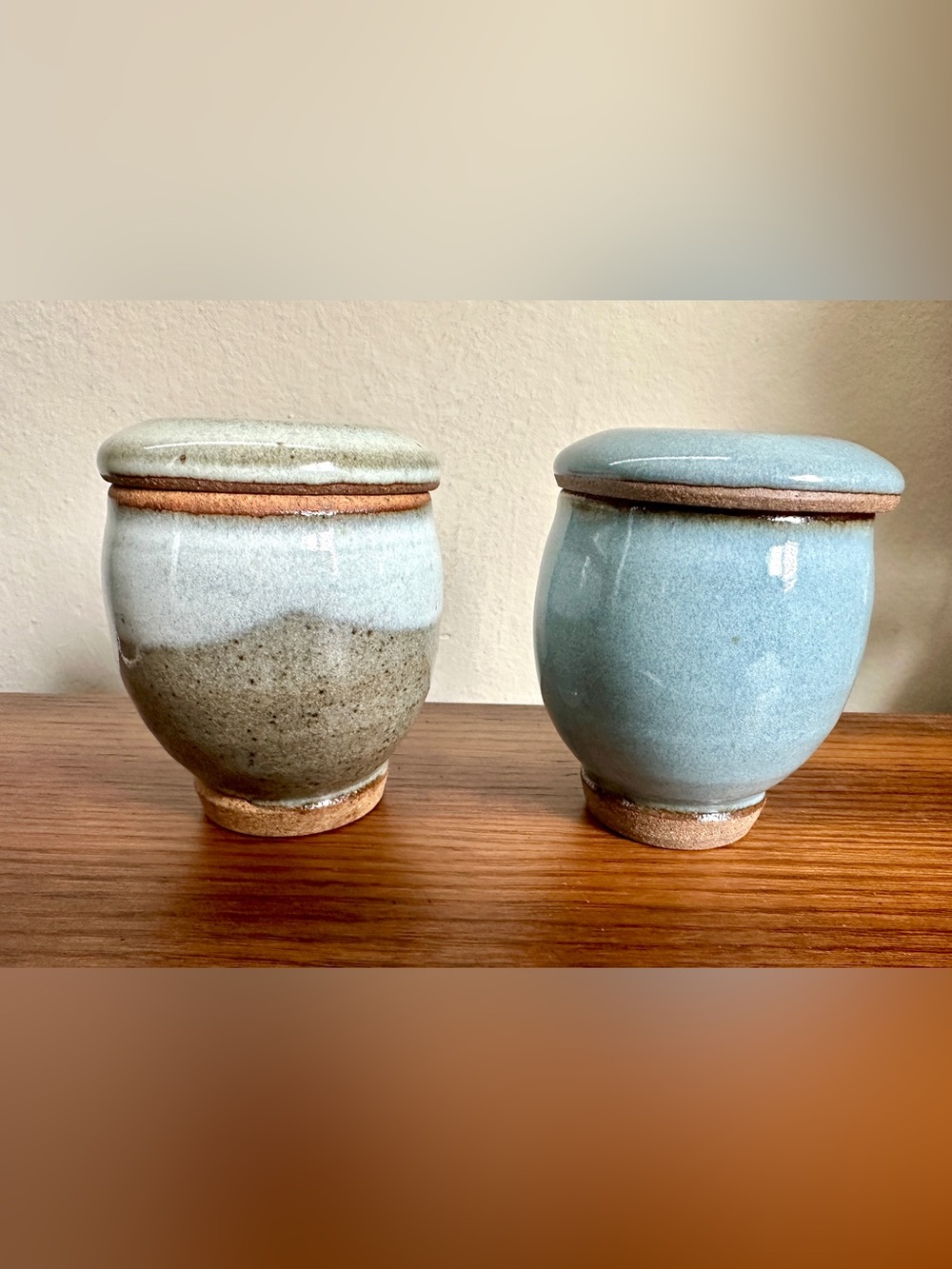 Vintage RM Studio Pottery Lidded Jars Set Hand Thrown Signed Blue Gray Stoneware